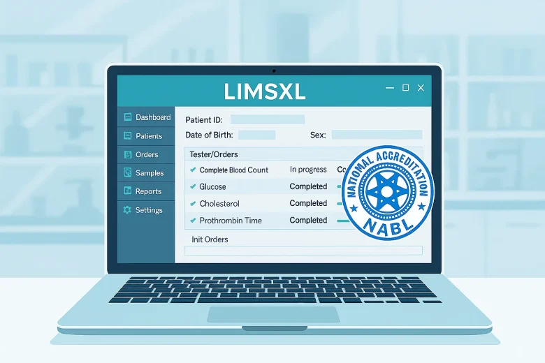 Lab information system with NABL compliant stamp on laptop screen