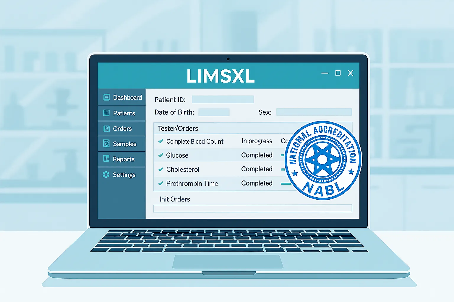 Lab information system with NABL compliant stamp on laptop screen