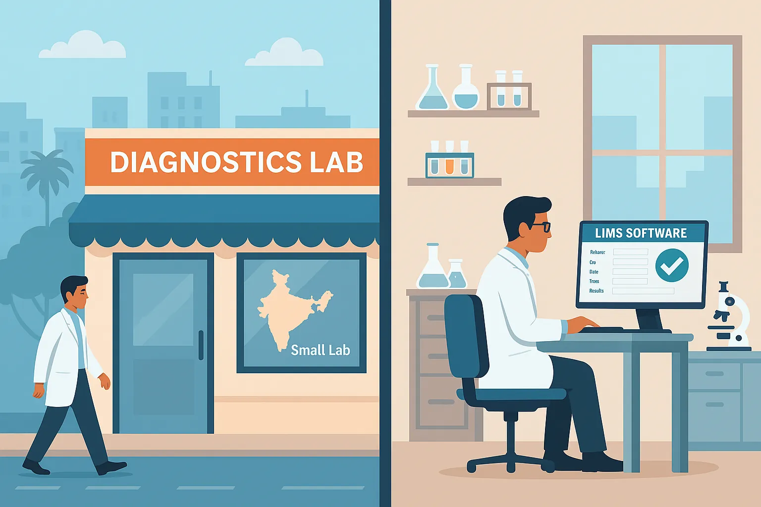 Lab management software usage in small diagnostics lab, outside and inside view