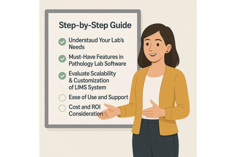 Step-by-step guide illustration for selecting pathology lab software, with checklist and presenter.