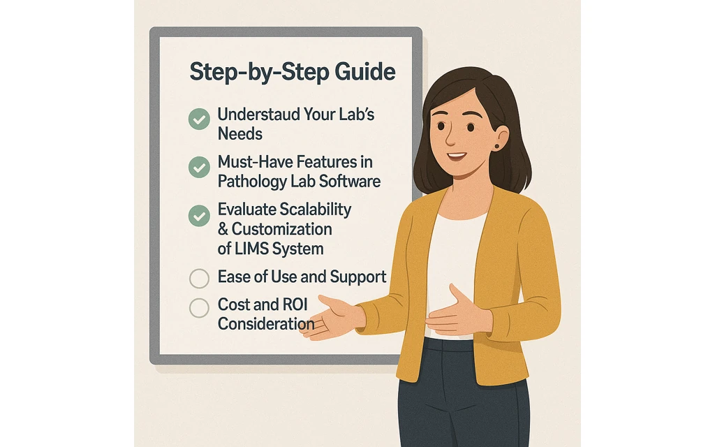 Step-by-step guide illustration for selecting pathology lab software, with checklist and presenter.