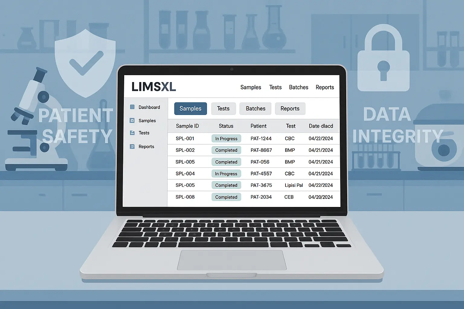LIMSXL lab software dashboard on laptop ensuring patient safety and data integrity.