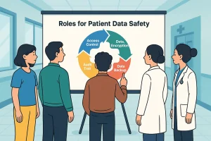 Doctors viewing a board showing LIMS System roles in patient data safety