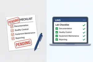 Split-screen illustration showing a manual checklist marked “Pending” vs a digital LIMS checklist with completed tasks, highlighting faster compliance with ICMR Guidelines.