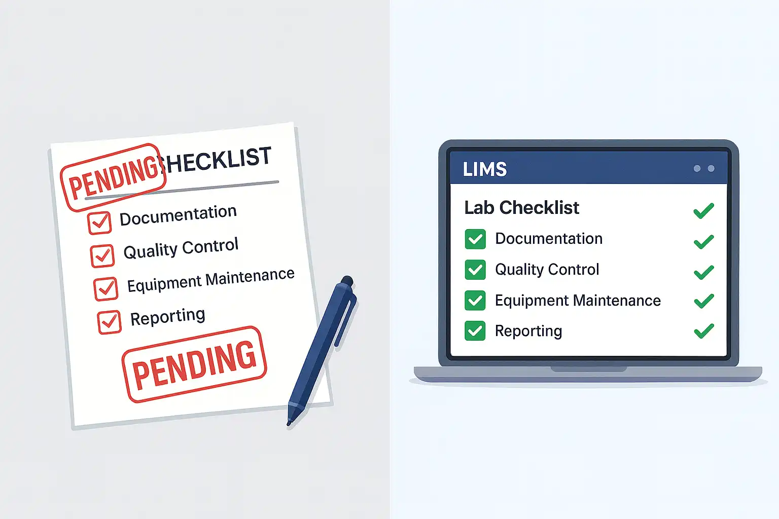 Split-screen illustration showing a manual checklist marked “Pending” vs a digital LIMS checklist with completed tasks, highlighting faster compliance with ICMR Guidelines.
