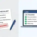 Split-screen illustration showing a manual checklist marked “Pending” vs a digital LIMS checklist with completed tasks, highlighting faster compliance with ICMR Guidelines.