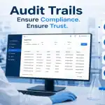 Audit Trail dashboard showing laboratory compliance tracking, data integrity, and accreditation-ready documentation in a modern diagnostic lab