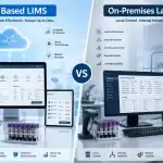 Cloud based LIMS comparison with on-premises lab software showing cloud access, lab dashboards, local servers, and sample tracking
